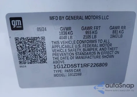 2024 Chevrolet Malibu Fwd 1Lt из США, поврежденный, VIN 1G1ZD5ST1RF226809